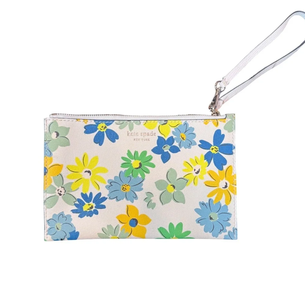 Kate Spade Wristlet Pouch Multicolor Floral Print White Leather
